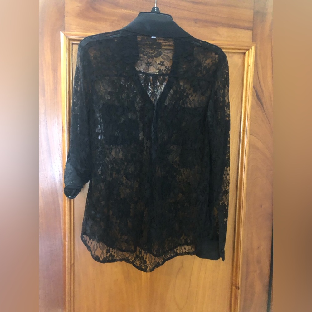 Express black blouse with lace and trim,long sleeves size Small